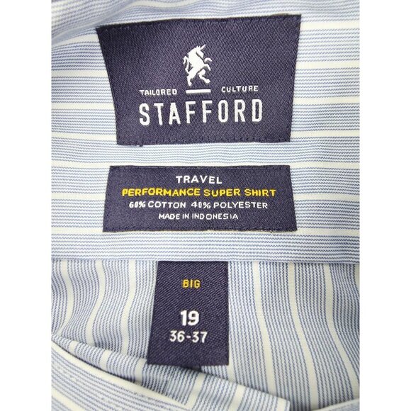 Stafford Size 19 36-37 Big Blue White Stripe L/S Travel Performance Super Shirt - Picture 4 of 9